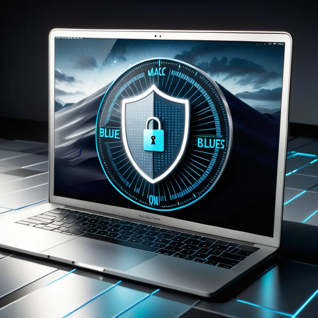 arafed laptop with a blue and black shield on the screen