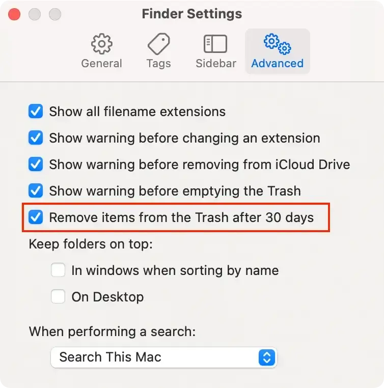 empty trash automatically finder settings