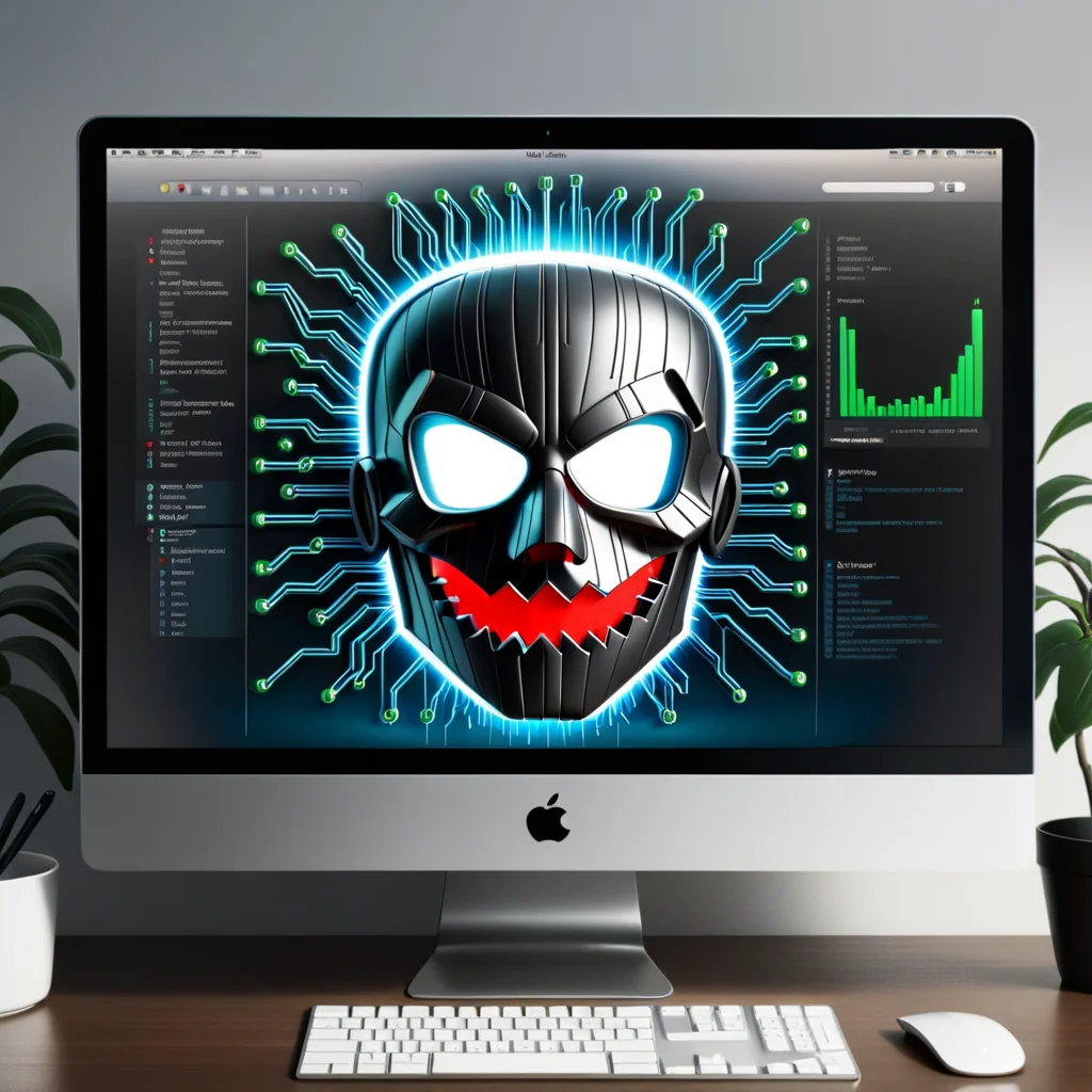 there is a computer monitor with a picture of a scary face on it