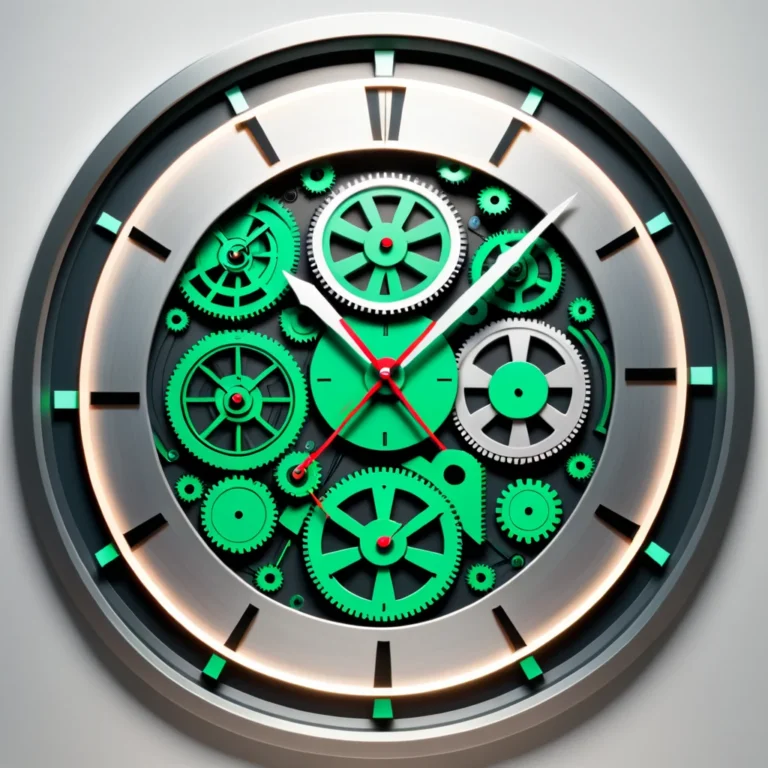 a close up of a clock with green gears on it