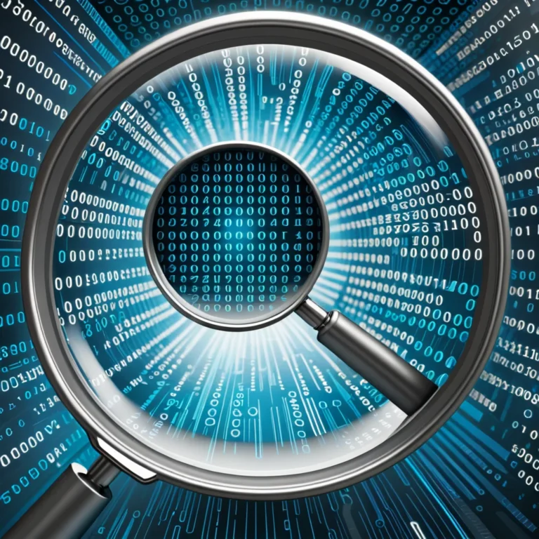 a magnifying glass over a digital background with binary code
