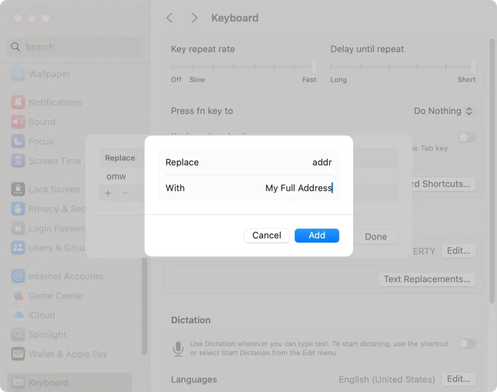 ajouter un nouveau remplacement de texte personnalisé