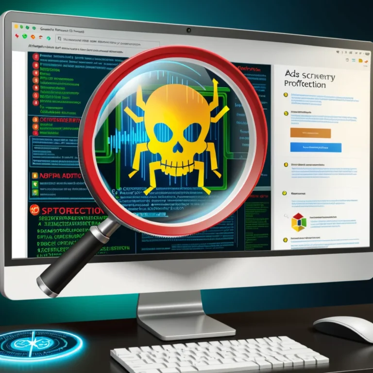 computer monitor with a magnifying glass and a skull on it