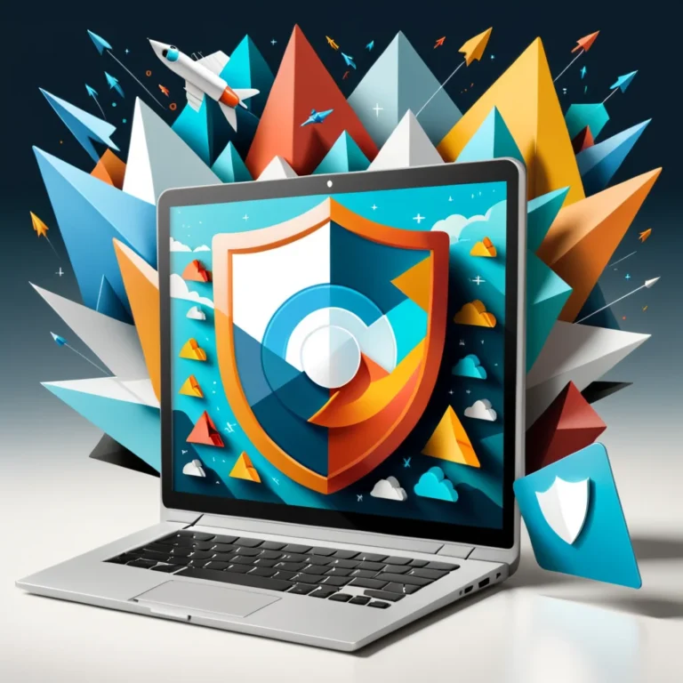 arafed image of a laptop with a shield on the screen