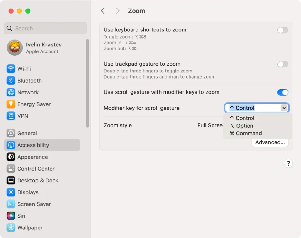 choose modifier key for scroll gesture to zoom