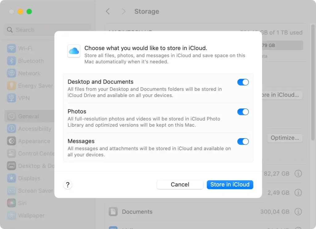 molnlagringsinställningar som kan frigöra lagringsutrymme på Mac
