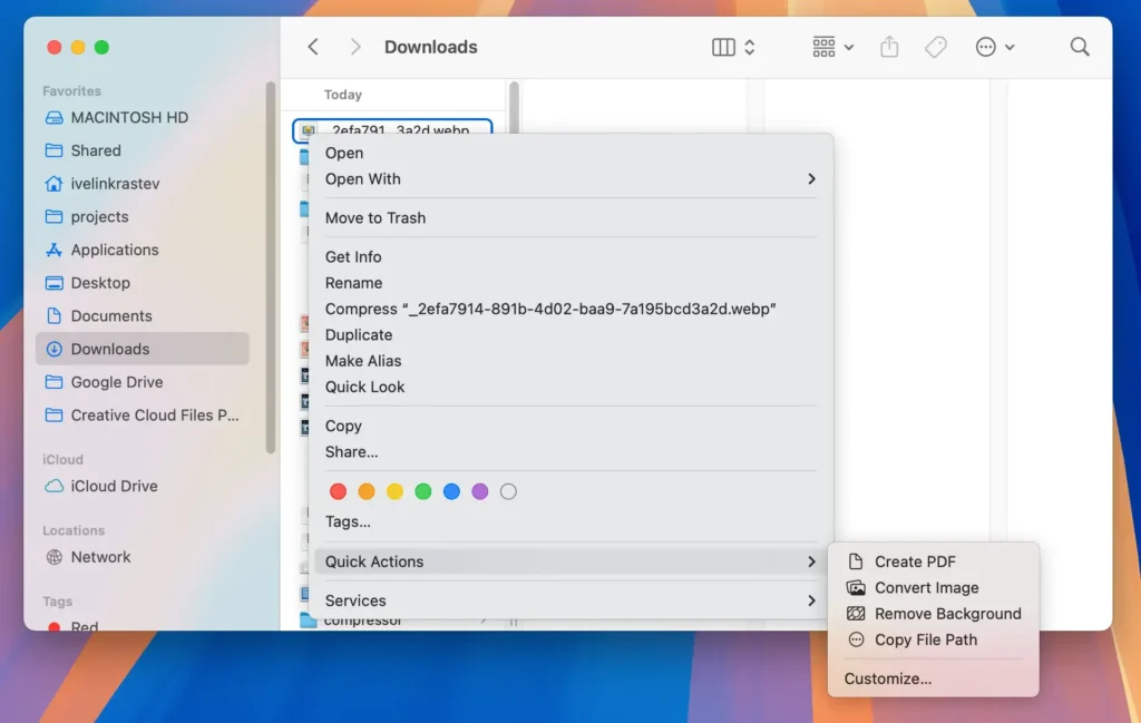 copy path quick action in finder