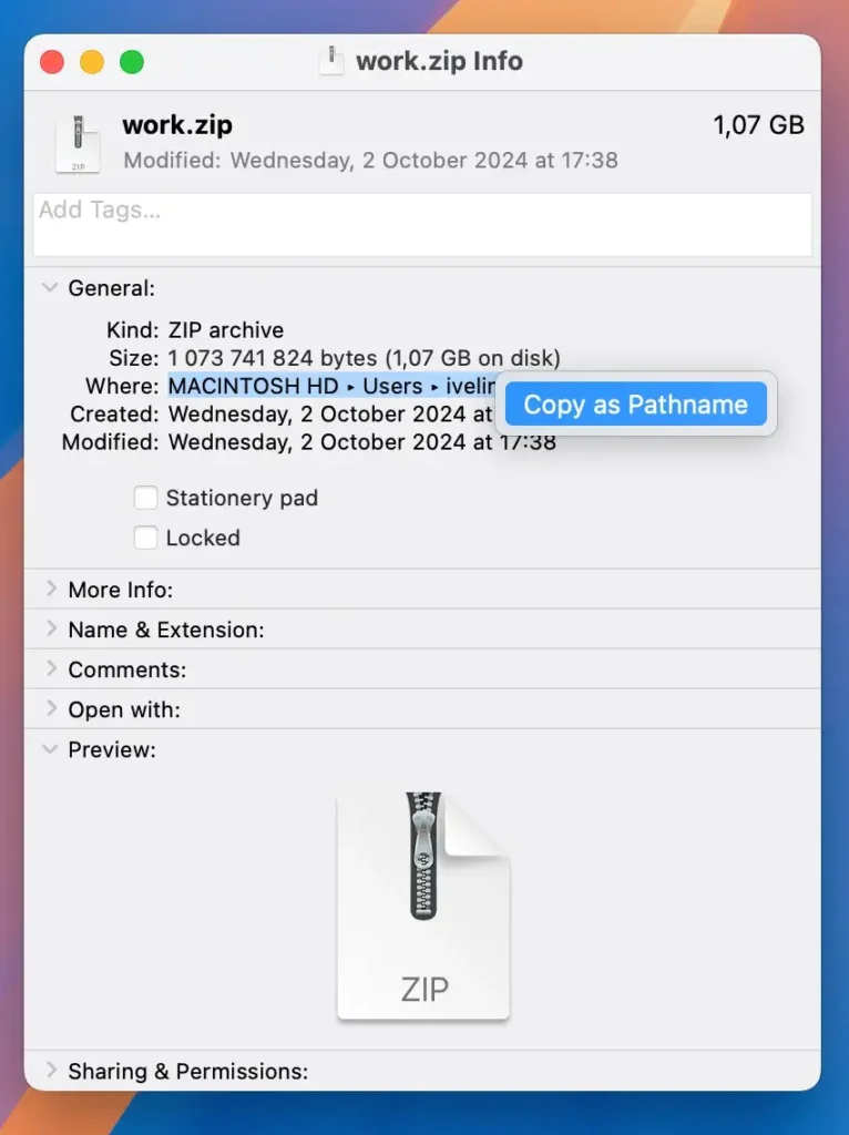 copy pathname menu