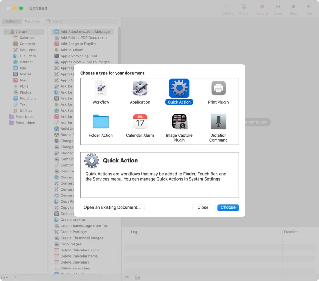 create quick action in automator