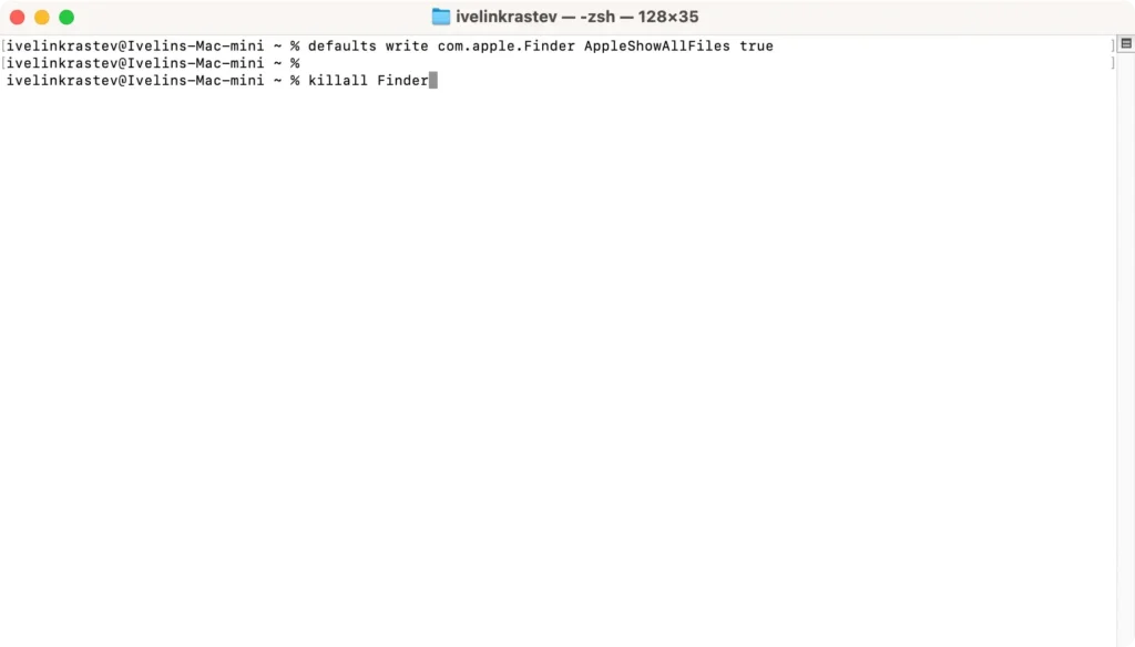 the defaults write com.apple.Finder AppleShowAllFiles true command in terminal window