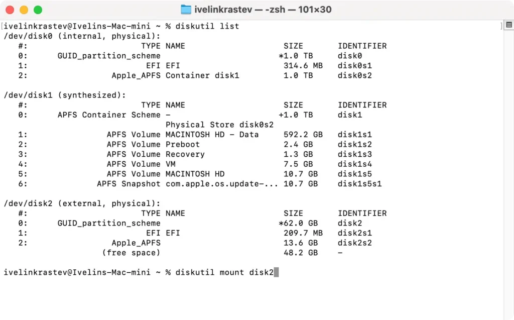 commande diskutil dans le terminal pour monter le lecteur flash