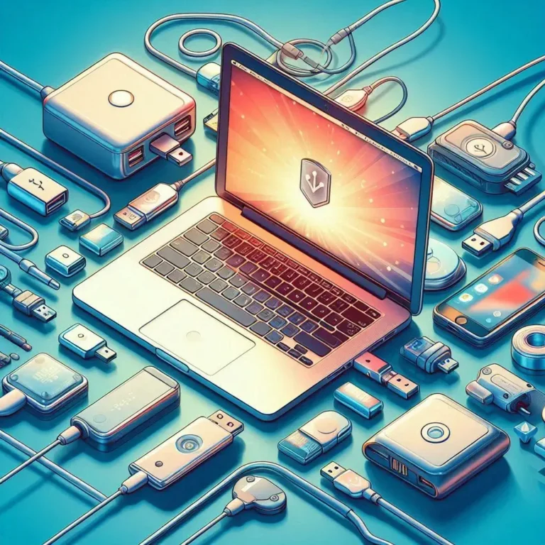 An illustrative image showing a MacBook with USB devices around it and a flash drive plugged in