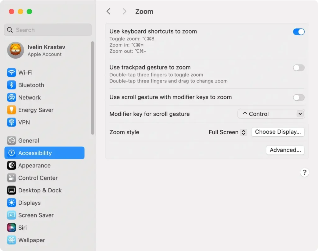 enable keyboard shortcuts to zoom on mac