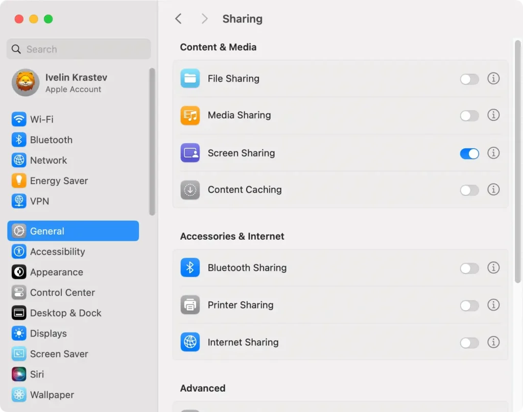Aktivieren Sie die Bildschirmfreigabe in den Systemeinstellungen
