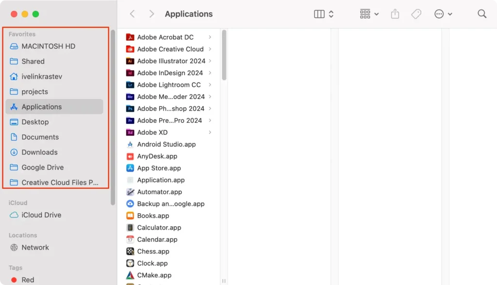 barre latérale des favoris dans la fenêtre du Finder