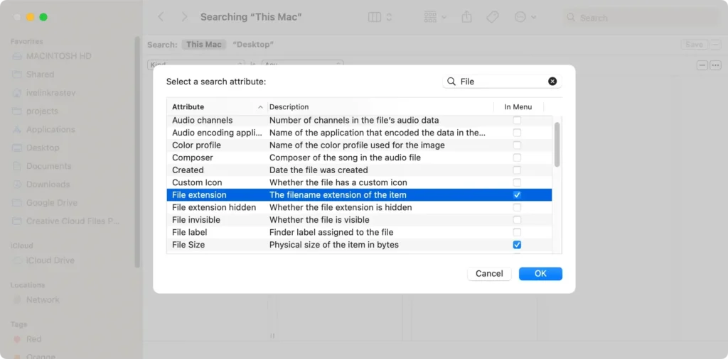 file size and extension finder settings