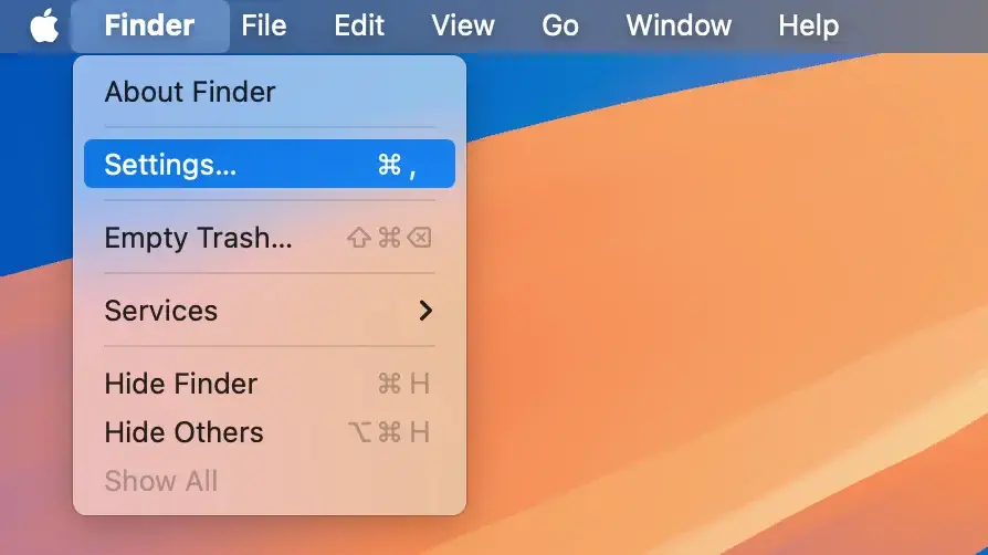 barre de menu des paramètres du Finder