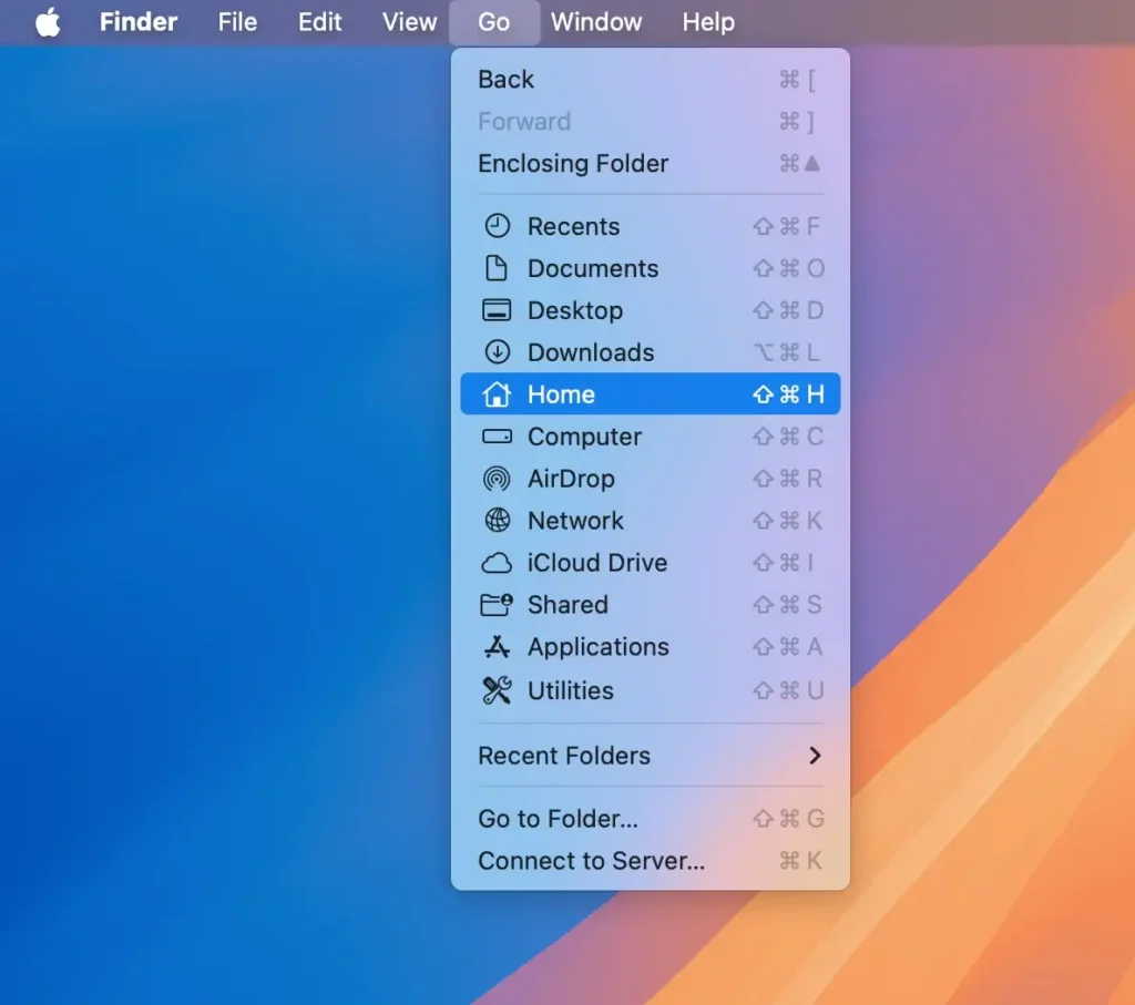home folder menu item-in mac finder