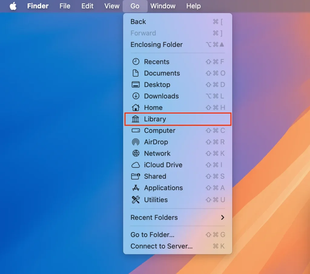 the library folder option in the mac finder go menu