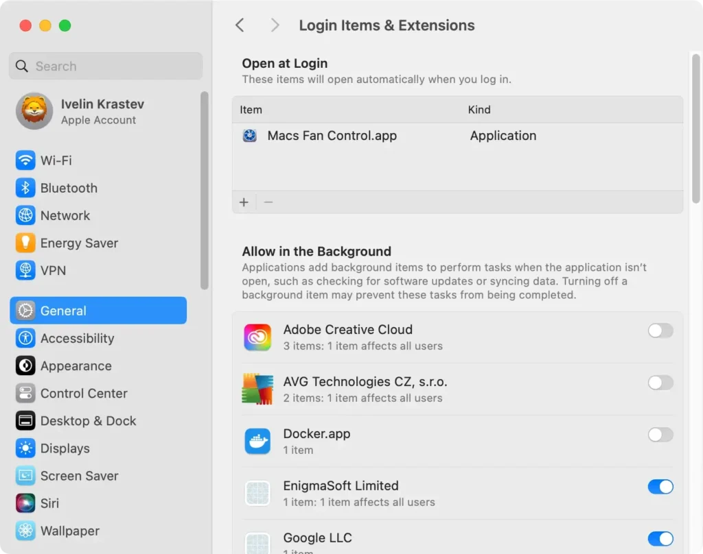 login items and extensions panel