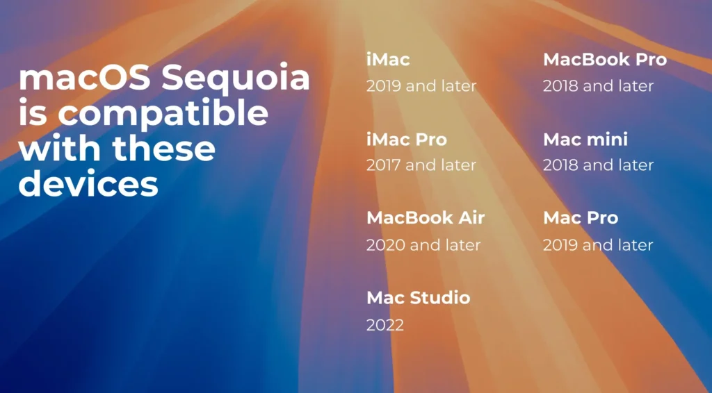 macOS Sequoia-kompatibilitet med iMac, iMac Pro, MacBook Air, MacBook Pro, Mac Pro, Mac mini og Mac Studio