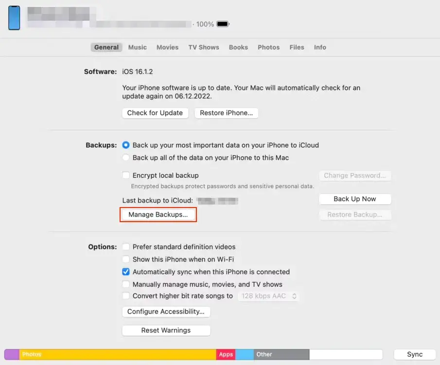 knap til håndtering af sikkerhedskopier til iphone