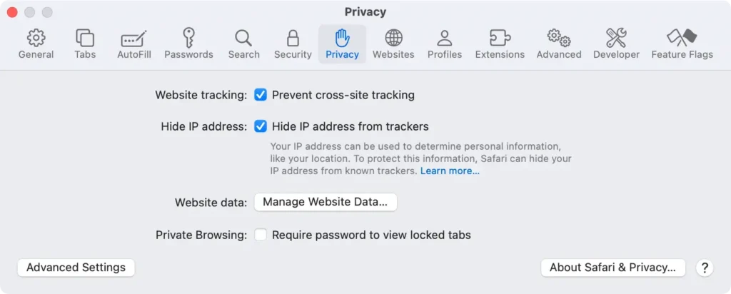 knappen administrator webstedsdata og safariindstillinger