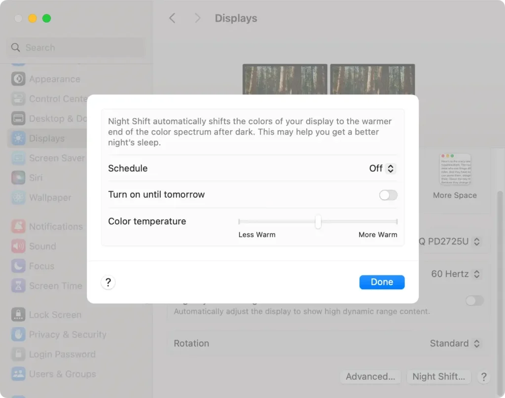 paramètres d'affichage du quart de nuit