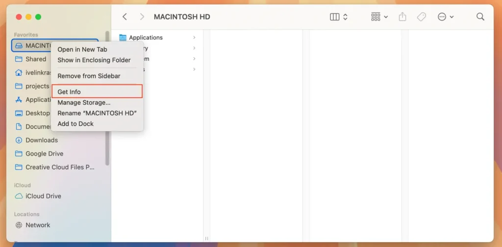 Klicken Sie mit der rechten Maustaste auf Macintosh HD in der Finder-App