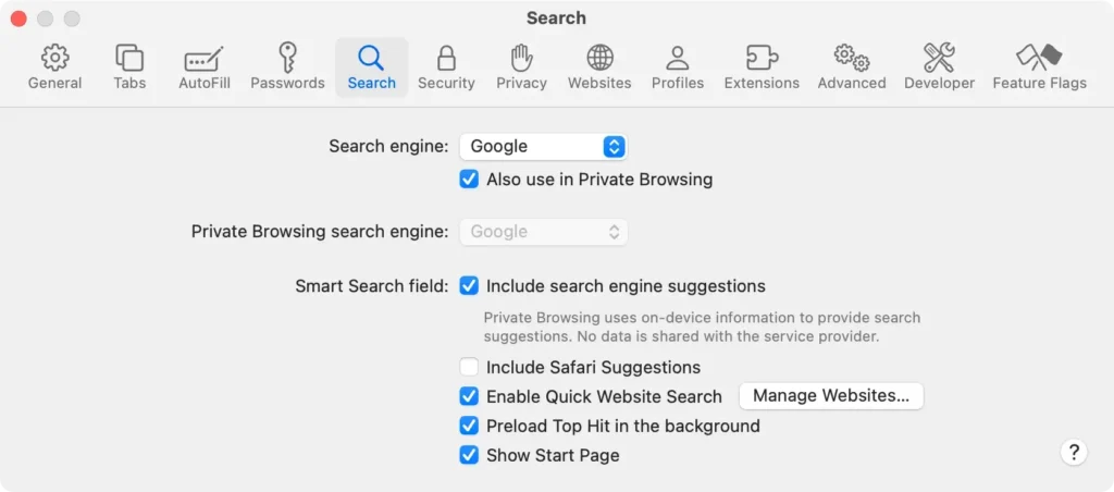 safari søgepræferencer