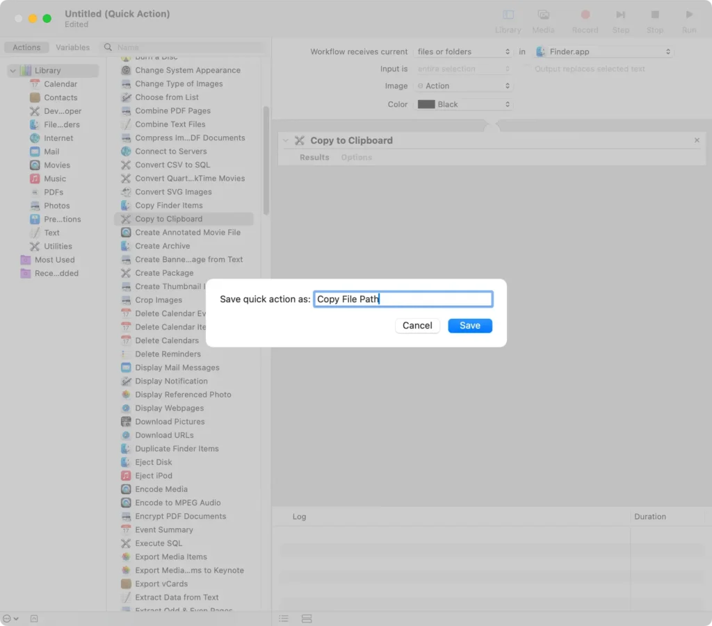 save quick action as copy path