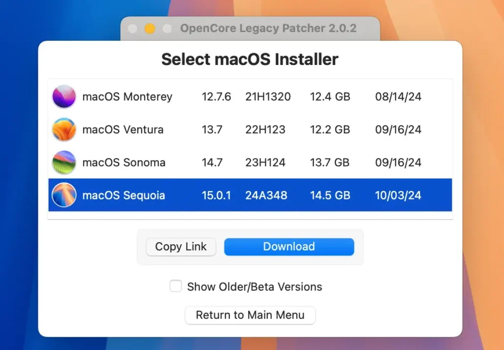 vælg Macos installationsprogram og opencore legacy patcher