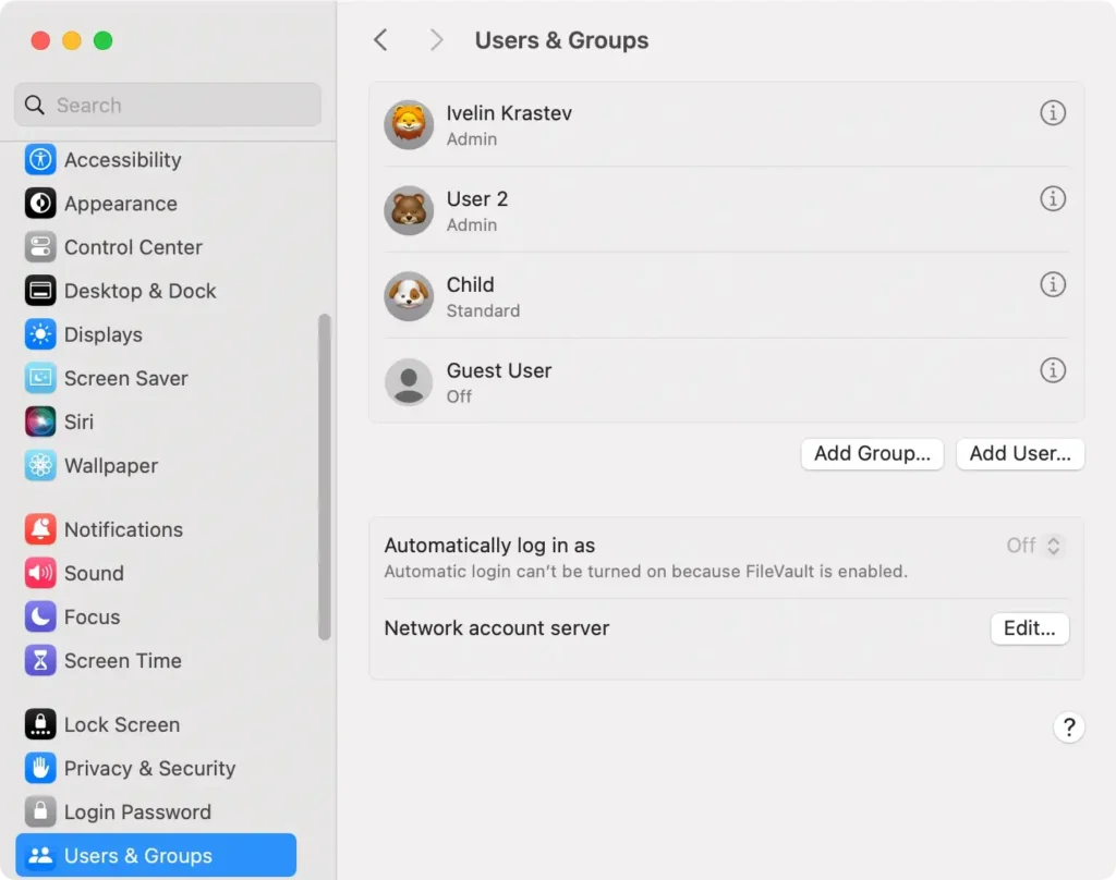 settings for multiple user accounts in users and groups