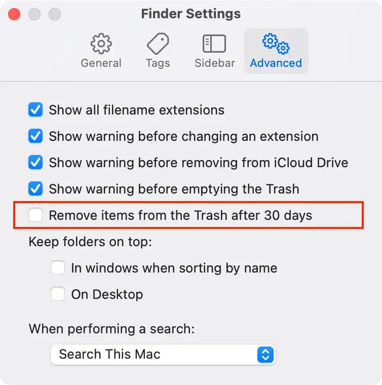 Kontrollkästchen „Papierkorb so einrichten, dass er automatisch geleert wird“