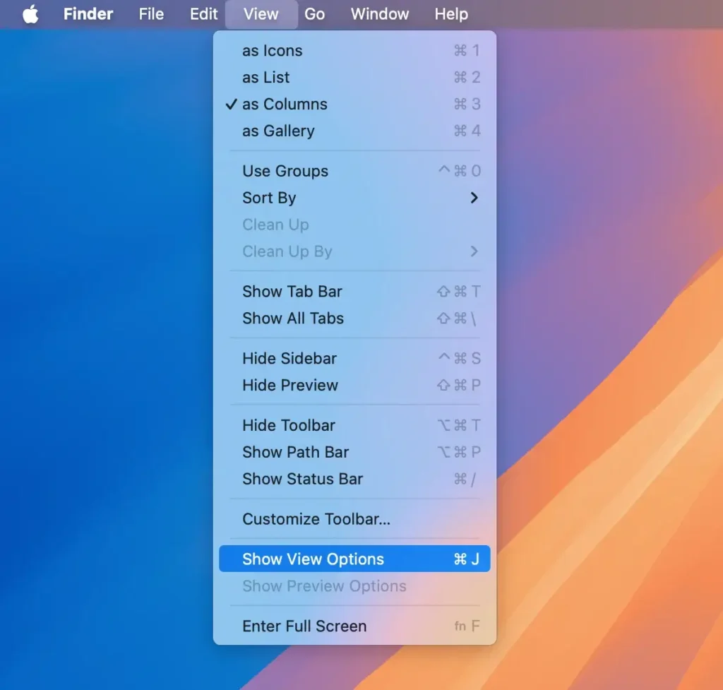 show view options menu item in mac finder