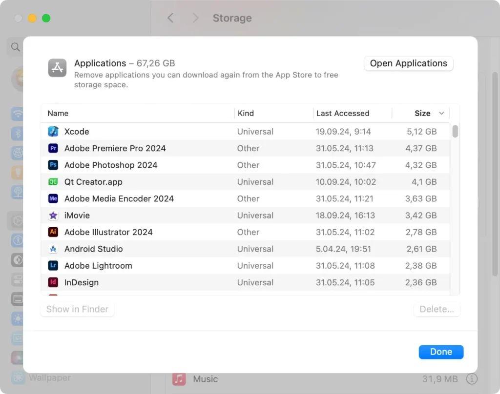 Vorschau der Registerkarte „Speicher“ der Systemeinstellungen