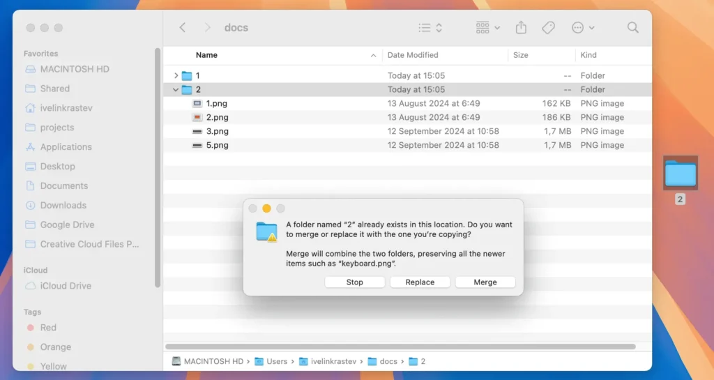 the merge option for two identically named folders