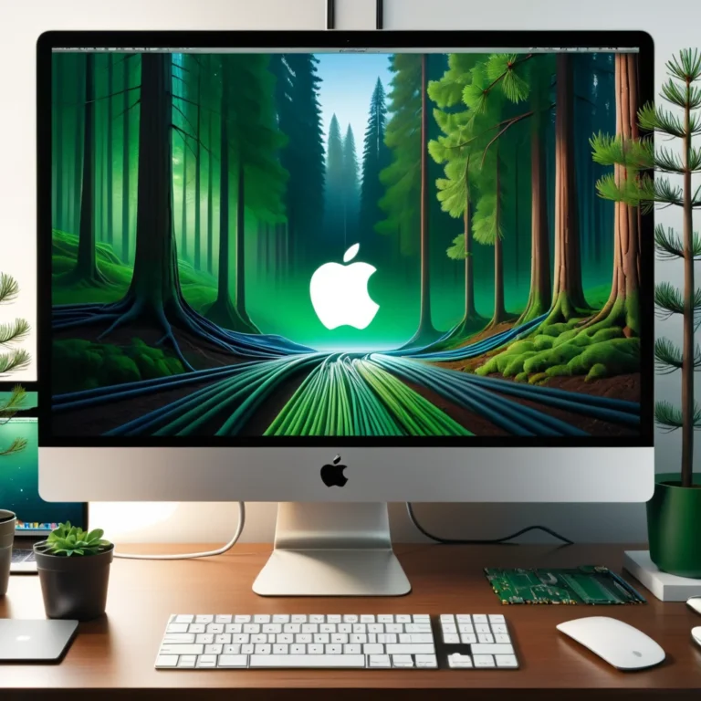 there is a computer monitor with a picture of a forest on it