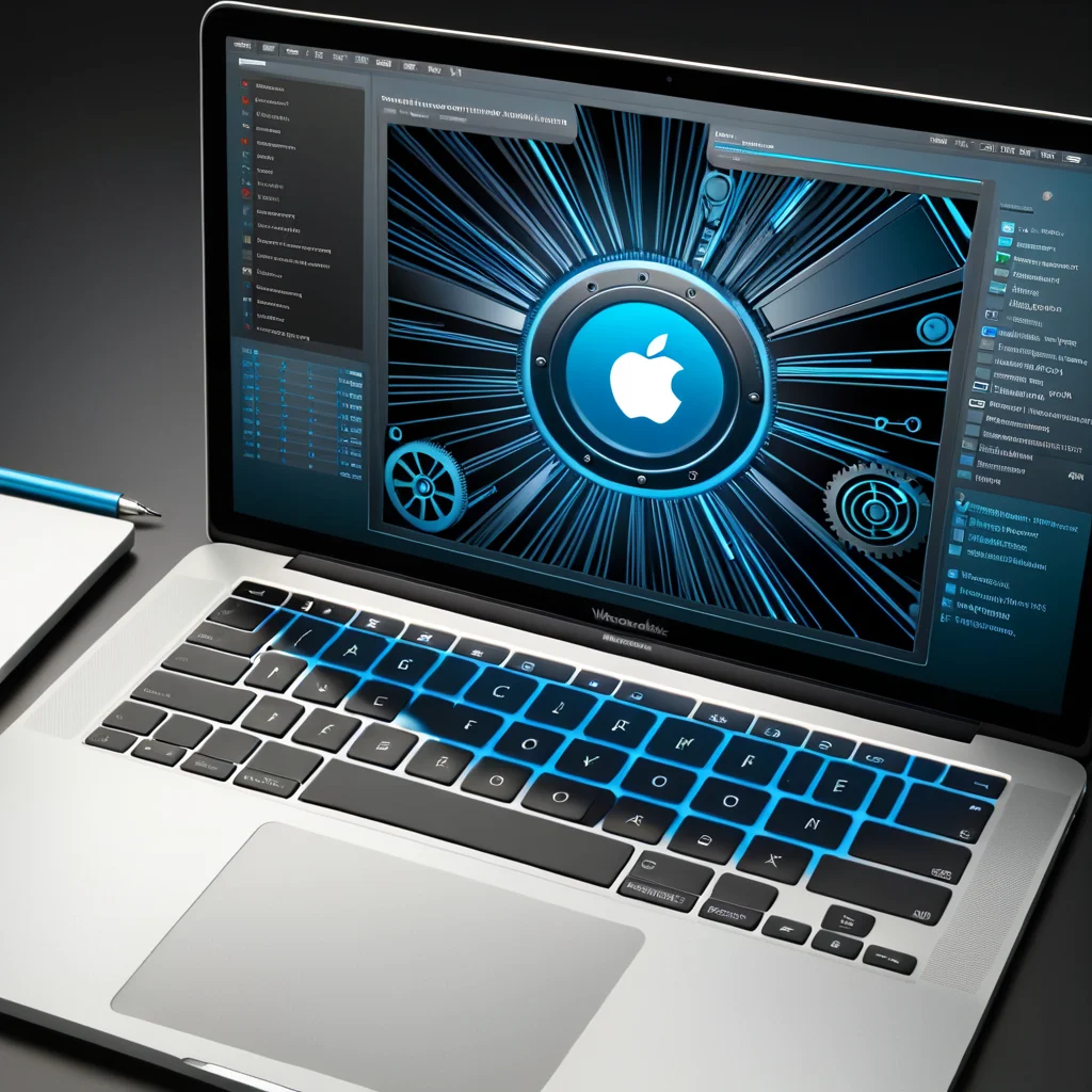 there is a laptop computer with a blue apple logo on the screen