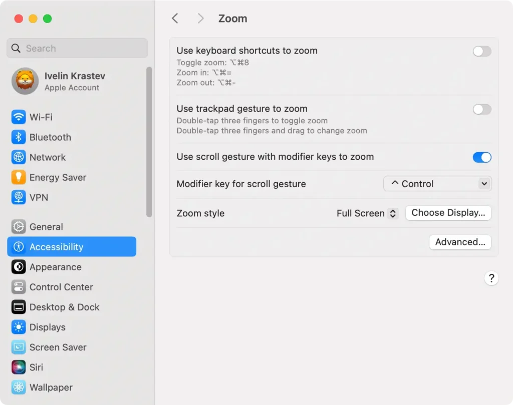 use scroll gesture with modifier keys to zoom on mac