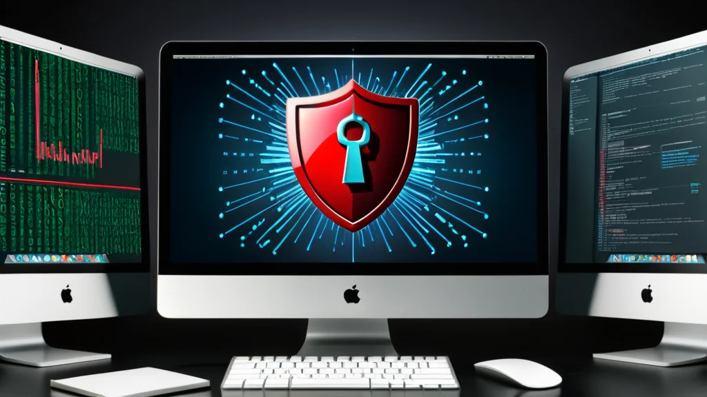 a close up of a computer monitor with a shield on the screen