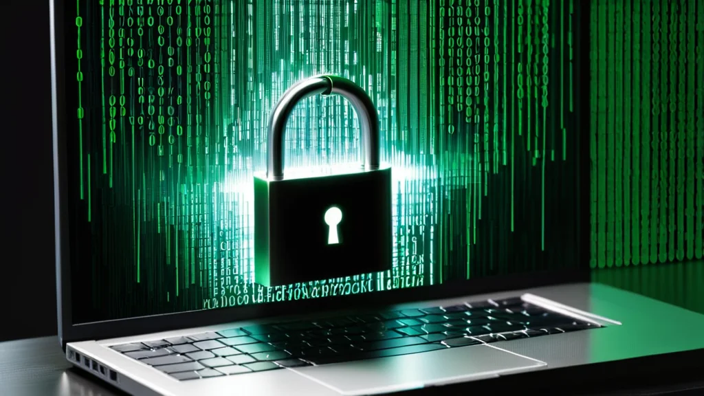 um close de um laptop com um cadeado na tela