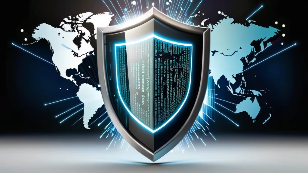 a close up of a shield with a world map in the background