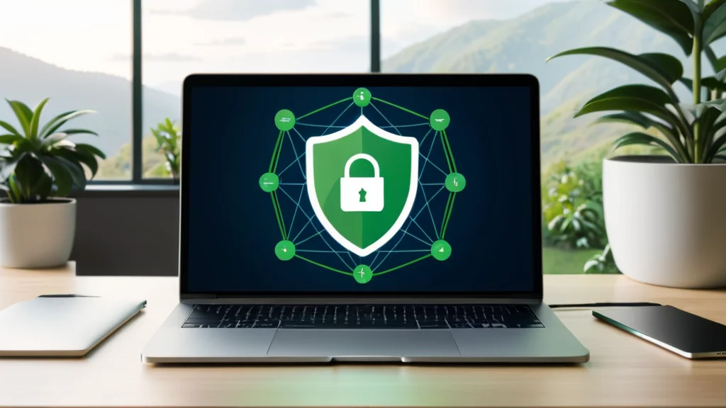 a laptop with a shield on the screen sitting on a desk