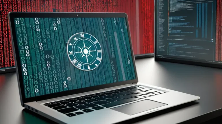 laptop computer with a clock on the screen and a monitor on the desk