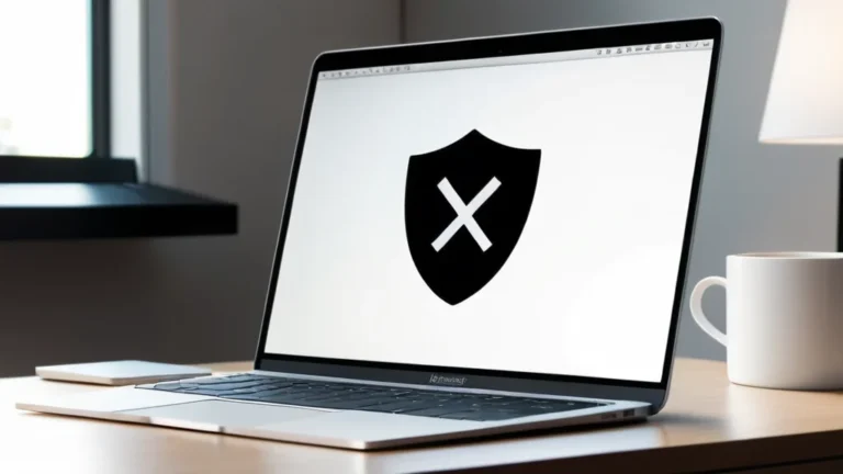 laptop computer with a shield and crossed symbol on screen