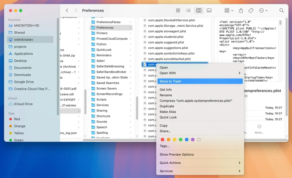 move system preferences plist file to trash