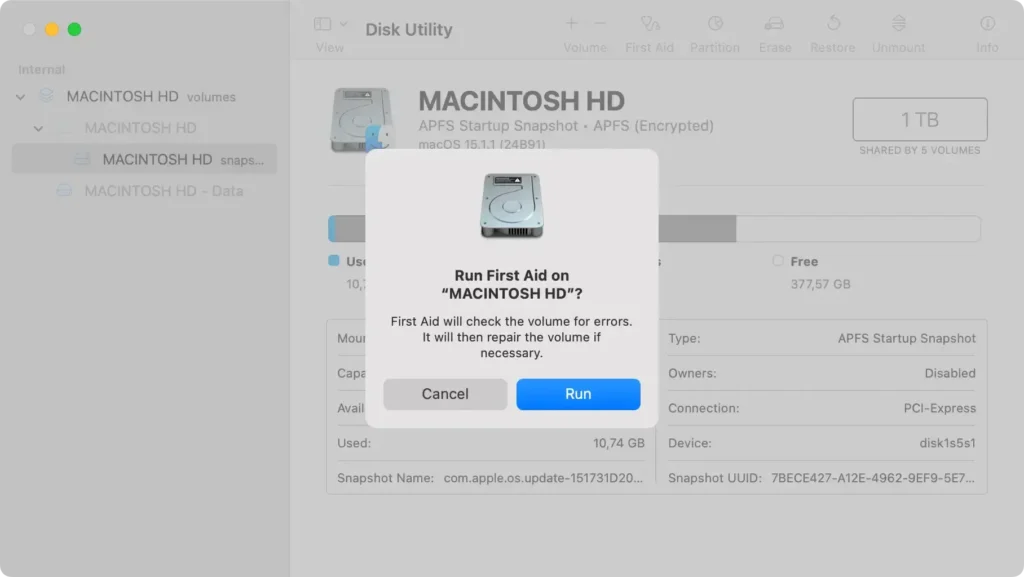 run first aid in disk utility