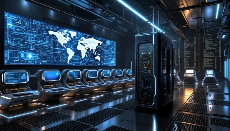 A futuristic server room with several computer consoles
