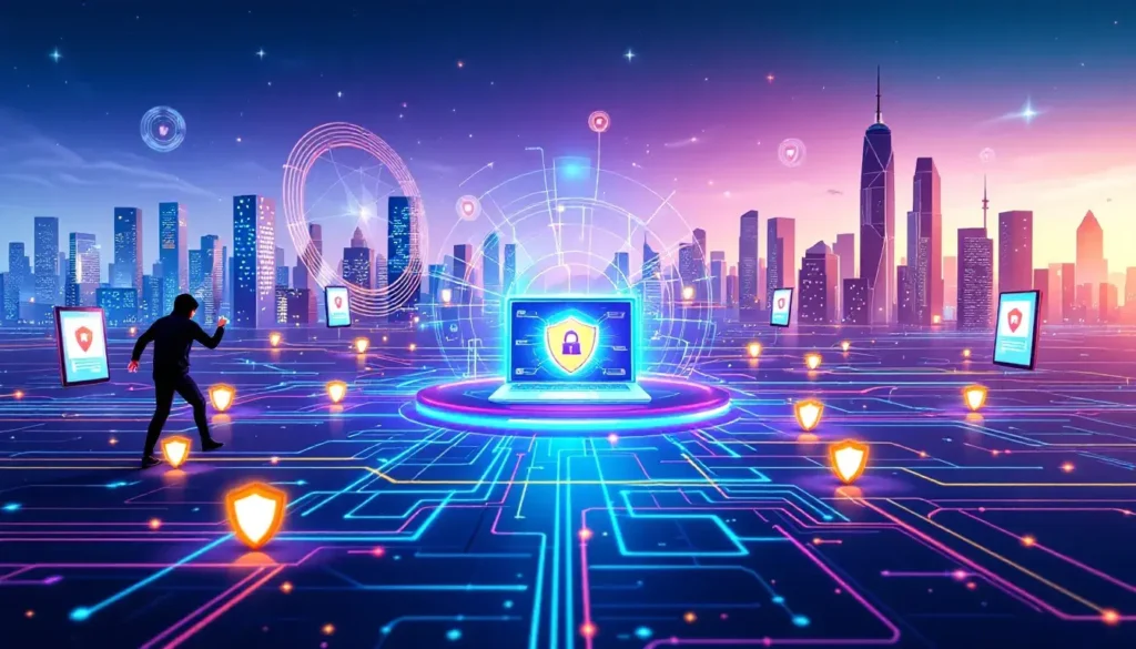 Imagem estilizada futurista de um hacker e um dispositivo de rede protegido